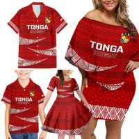 Tonga Rugby Family Matching Off Shoulder Short Dress and Hawaiian Shirt 2023 Ikale Tahi Tongan Ngatu Pattern - Wonder Print Shop