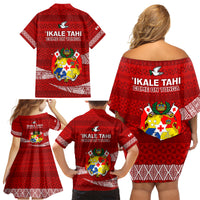 Tonga Rugby Family Matching Off Shoulder Short Dress and Hawaiian Shirt 2023 Ikale Tahi Tongan Ngatu Pattern - Wonder Print Shop
