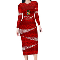 Tonga Rugby Long Sleeve Bodycon Dress 2023 Ikale Tahi Tongan Ngatu Pattern - Wonder Print Shop