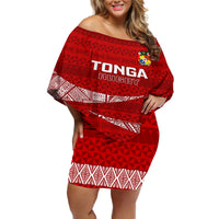 Tonga Rugby Off Shoulder Short Dress 2023 Ikale Tahi Tongan Ngatu Pattern - Wonder Print Shop