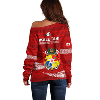 Tonga Rugby Off Shoulder Sweater 2023 Ikale Tahi Tongan Ngatu Pattern - Wonder Print Shop