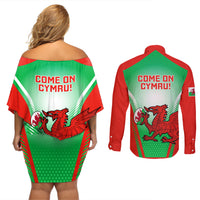 Wales Rugby Couples Matching Off Shoulder Short Dress and Long Sleeve Button Shirts 2023 Come On Cymru Champions World Cup - Wonder Print Shop