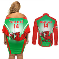Custom Wales Rugby Couples Matching Off Shoulder Short Dress and Long Sleeve Button Shirts 2023 Come On Cymru Champions World Cup - Wonder Print Shop