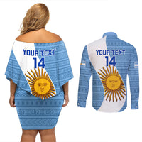 Custom Argentina Rugby Couples Matching Off Shoulder Short Dress and Long Sleeve Button Shirts 2023 Go Champions Los Pumas World Cup - Wonder Print Shop