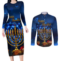 Personalised Hanukkah Couples Matching Long Sleeve Bodycon Dress and Long Sleeve Button Shirt Menorah Happy Jewish Holiday - Wonder Print Shop