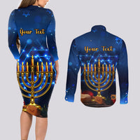 Personalised Hanukkah Couples Matching Long Sleeve Bodycon Dress and Long Sleeve Button Shirt Menorah Happy Jewish Holiday - Wonder Print Shop