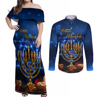 Personalised Hanukkah Couples Matching Off Shoulder Maxi Dress and Long Sleeve Button Shirt Menorah Happy Jewish Holiday - Wonder Print Shop