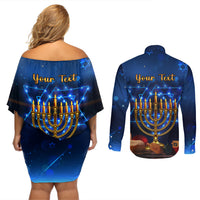 Personalised Hanukkah Couples Matching Off Shoulder Short Dress and Long Sleeve Button Shirt Menorah Happy Jewish Holiday - Wonder Print Shop