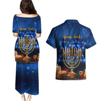 Personalised Hanukkah Couples Matching Puletasi Dress and Hawaiian Shirt Menorah Happy Jewish Holiday - Wonder Print Shop