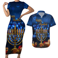 Personalised Hanukkah Couples Matching Short Sleeve Bodycon Dress and Hawaiian Shirt Menorah Happy Jewish Holiday - Wonder Print Shop