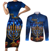 Personalised Hanukkah Couples Matching Short Sleeve Bodycon Dress and Long Sleeve Button Shirt Menorah Happy Jewish Holiday - Wonder Print Shop