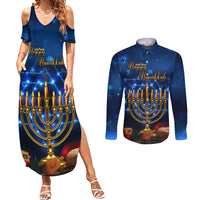 Personalised Hanukkah Couples Matching Summer Maxi Dress and Long Sleeve Button Shirt Menorah Happy Jewish Holiday - Wonder Print Shop