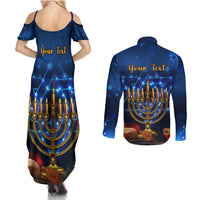 Personalised Hanukkah Couples Matching Summer Maxi Dress and Long Sleeve Button Shirt Menorah Happy Jewish Holiday - Wonder Print Shop