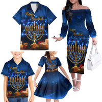 Personalised Hanukkah Family Matching Off Shoulder Long Sleeve Dress and Hawaiian Shirt Menorah Happy Jewish Holiday - Wonder Print Shop