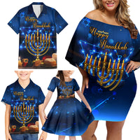 Personalised Hanukkah Family Matching Off Shoulder Short Dress and Hawaiian Shirt Menorah Happy Jewish Holiday - Wonder Print Shop