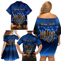 Personalised Hanukkah Family Matching Off Shoulder Short Dress and Hawaiian Shirt Menorah Happy Jewish Holiday - Wonder Print Shop