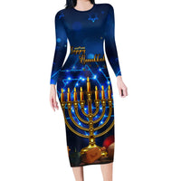 Personalised Hanukkah Long Sleeve Bodycon Dress Menorah Happy Jewish Holiday - Wonder Print Shop