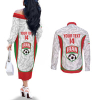 Iran Football Custom Couples Matching Off The Shoulder Long Sleeve Dress and Long Sleeve Button Shirt Come On Team Melli Cheetah - Wonder Print Shop