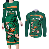 Custom Ireland Rugby Sevens Couples Matching Long Sleeve Bodycon Dress and Long Sleeve Button Shirt Go Champions Irish Shamrock - Wonder Print Shop