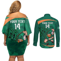 Custom Ireland Rugby Sevens Couples Matching Off Shoulder Short Dress and Long Sleeve Button Shirt Go Champions Irish Shamrock - Wonder Print Shop