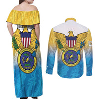 US Virgin Islands Couples Matching Off Shoulder Maxi Dress and Long Sleeve Button Shirt Coat Of Arms Grunge Style