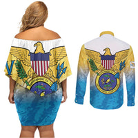 US Virgin Islands Couples Matching Off Shoulder Short Dress and Long Sleeve Button Shirt Coat Of Arms Grunge Style
