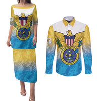 US Virgin Islands Couples Matching Puletasi and Long Sleeve Button Shirt Coat Of Arms Grunge Style