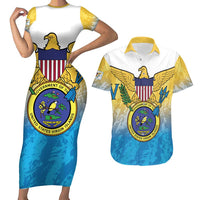 US Virgin Islands Couples Matching Short Sleeve Bodycon Dress and Hawaiian Shirt Coat Of Arms Grunge Style