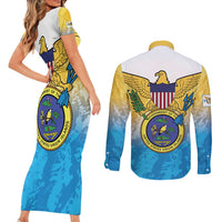 US Virgin Islands Couples Matching Short Sleeve Bodycon Dress and Long Sleeve Button Shirt Coat Of Arms Grunge Style