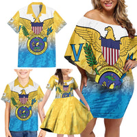 US Virgin Islands Family Matching Off Shoulder Short Dress and Hawaiian Shirt Coat Of Arms Grunge Style