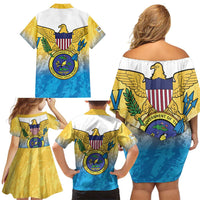 US Virgin Islands Family Matching Off Shoulder Short Dress and Hawaiian Shirt Coat Of Arms Grunge Style