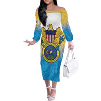 US Virgin Islands Off The Shoulder Long Sleeve Dress Coat Of Arms Grunge Style