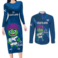 Custom Scotland Rugby 2025 Couples Matching Long Sleeve Bodycon Dress and Long Sleeve Button Shirt Funny Thistle Mascot Go Scottish!