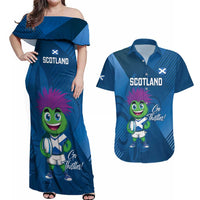 Custom Scotland Rugby 2025 Couples Matching Off Shoulder Maxi Dress and Hawaiian Shirt Funny Thistle Mascot Go Scottish!