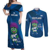 Custom Scotland Rugby 2025 Couples Matching Off Shoulder Maxi Dress and Long Sleeve Button Shirt Funny Thistle Mascot Go Scottish!
