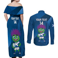 Custom Scotland Rugby 2025 Couples Matching Off Shoulder Maxi Dress and Long Sleeve Button Shirt Funny Thistle Mascot Go Scottish!