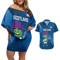 Custom Scotland Rugby 2025 Couples Matching Off Shoulder Short Dress and Hawaiian Shirt Funny Thistle Mascot Go Scottish!