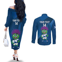 Custom Scotland Rugby 2025 Couples Matching Off The Shoulder Long Sleeve Dress and Long Sleeve Button Shirt Funny Thistle Mascot Go Scottish!