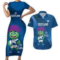 Custom Scotland Rugby 2025 Couples Matching Short Sleeve Bodycon Dress and Hawaiian Shirt Funny Thistle Mascot Go Scottish!