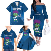 Custom Scotland Rugby 2025 Family Matching Off The Shoulder Long Sleeve Dress and Hawaiian Shirt Funny Thistle Mascot Go Scottish!