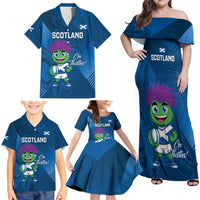 Custom Scotland Rugby 2025 Family Matching Off Shoulder Maxi Dress and Hawaiian Shirt Funny Thistle Mascot Go Scottish!