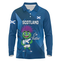 Custom Scotland Rugby 2025 Long Sleeve Polo Shirt Funny Thistle Mascot Go Scottish!