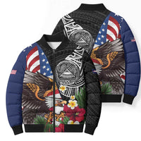 United States and American Samoa Bomber Puffer Jacket USA Flag Eagle With Seal Tropical Flowers