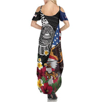 United States and American Samoa Summer Maxi Dress USA Flag Eagle With Seal Tropical Flowers