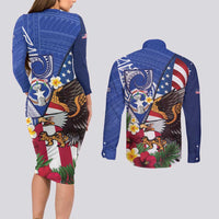 United States and Northern Mariana Islands Couples Matching Long Sleeve Bodycon Dress and Long Sleeve Button Shirt USA Flag Eagle CNMI Latte Stone Tropical Flowers
