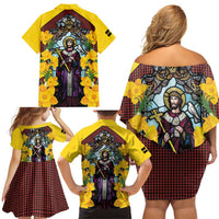 Welsh Dewi Sant Family Matching Off Shoulder Short Dress and Hawaiian Shirt Saint David With Daffodil