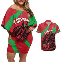 Custom Wales Football Couples Matching Off Shoulder Short Dress and Hawaiian Shirt 2025 Welsh Y Dreigiau