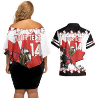 Custom Canada Ice Hockey Couples Matching Off Shoulder Short Dress and Hawaiian Shirt 2025 Go Champions Funny Beaver Mascot
