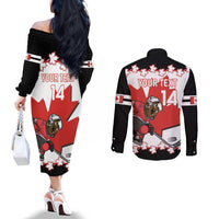 Custom Canada Ice Hockey Couples Matching Off The Shoulder Long Sleeve Dress and Long Sleeve Button Shirt 2025 Go Champions Funny Beaver Mascot