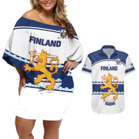 Off-shoulder short dress set with matching button shirt, white and blue Finland crest